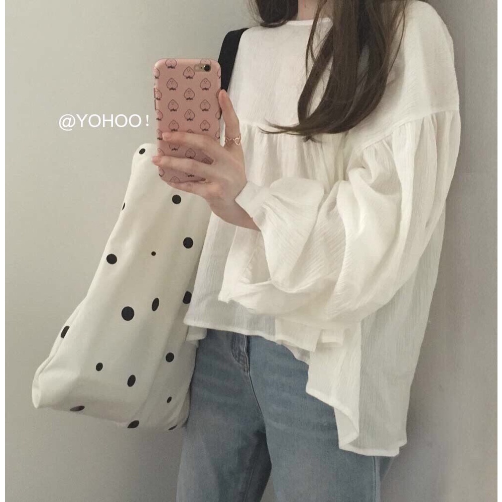 Túi Xách Tay Bằng Vải canvas Hoa Văn Chấm Bi Dễ Thương Dễ Phối Đồ Dành Cho Nữ