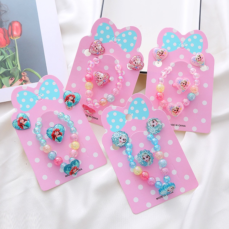 Bộ 4 Khuyên Tai / Vòng Tay / Nhẫn / Vòng Tay Hình Công Chúa Elsa / Nàng Tiên Cá Hoạt Hình Cho Bé