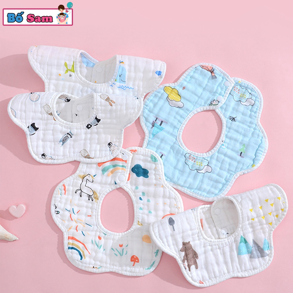 Yếm cho bé tròn xoay vải xô 8 lớp ăn dặm sơ sinh, nhiều họa tiết Shop Bố Sam
