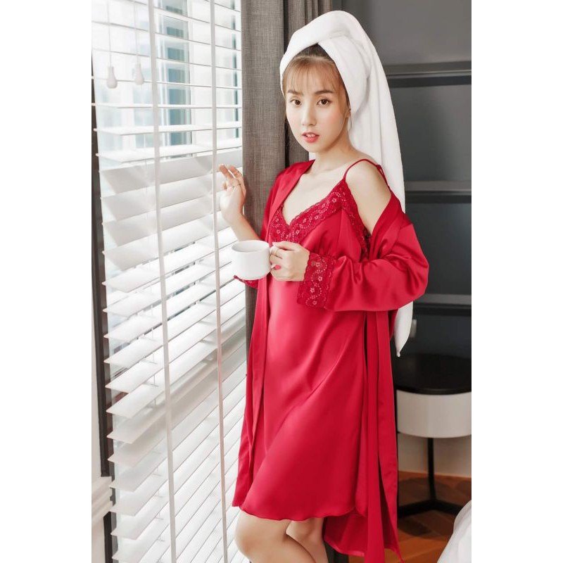 Áo choàng lụa phối ren mặc ngủ sang trọng | BigBuy360 - bigbuy360.vn