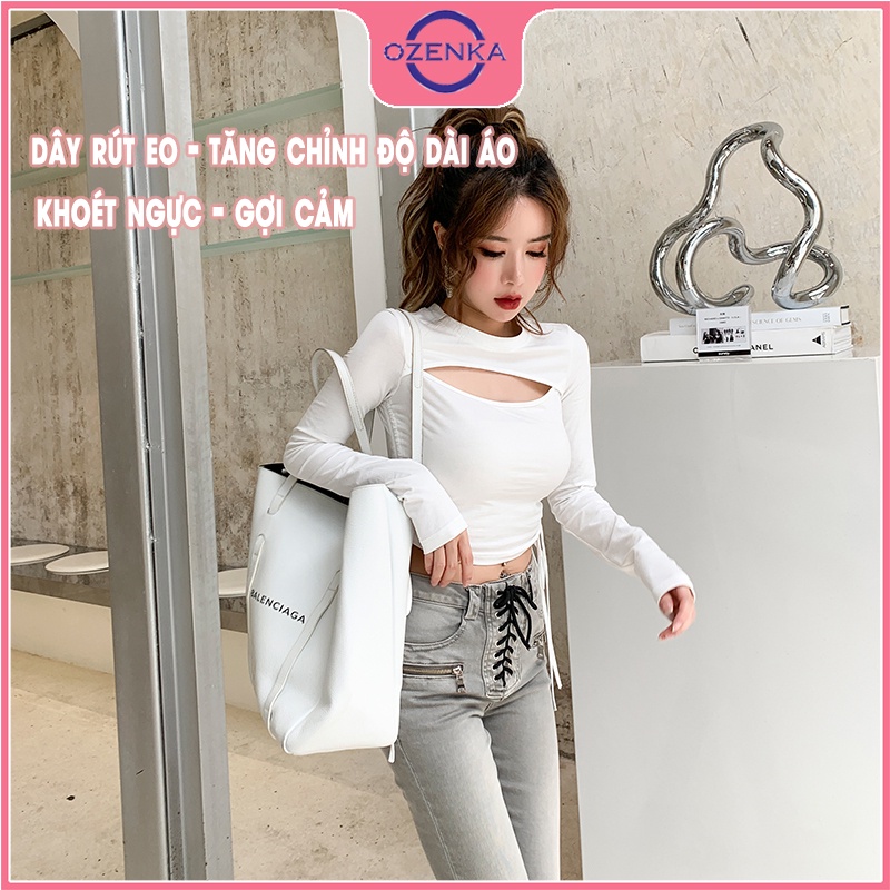 Áo croptop tay dài khoét ngực rút eo OZENKA , crt ôm body sexy gợi cảm thun gân 100% cotton đen trắng mặc đi chơi