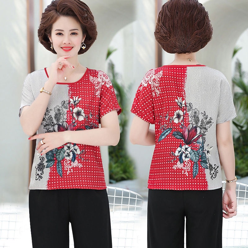 Áo Thun Lụa Lạnh Dáng Rộng In Họa Tiết Xinh Xắn Thời Trang Cho Phụ Nữ Trung Niên Q1WO