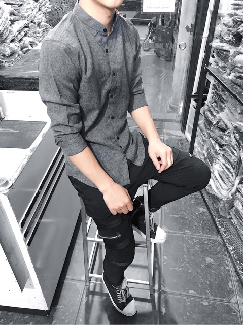 Áo sơ mi nam dài tay áo kiểu đẹp hàn quốc công sở cổ Tàu Màu Xám Tiêu Đậm F8888 | BigBuy360 - bigbuy360.vn