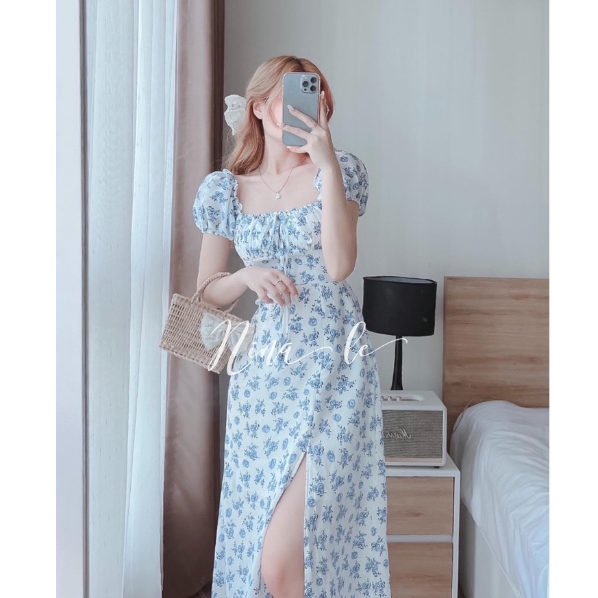 Váy Hoa Cổ Vuông Dáng Dài Xẻ Tà Nhún Ngực