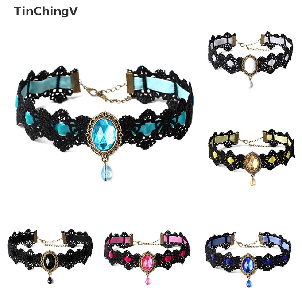 Vòng Cổ Choker Dây Nhung Đen Đính Đá Pha Lê Phong Cách Gothic Cổ Điển