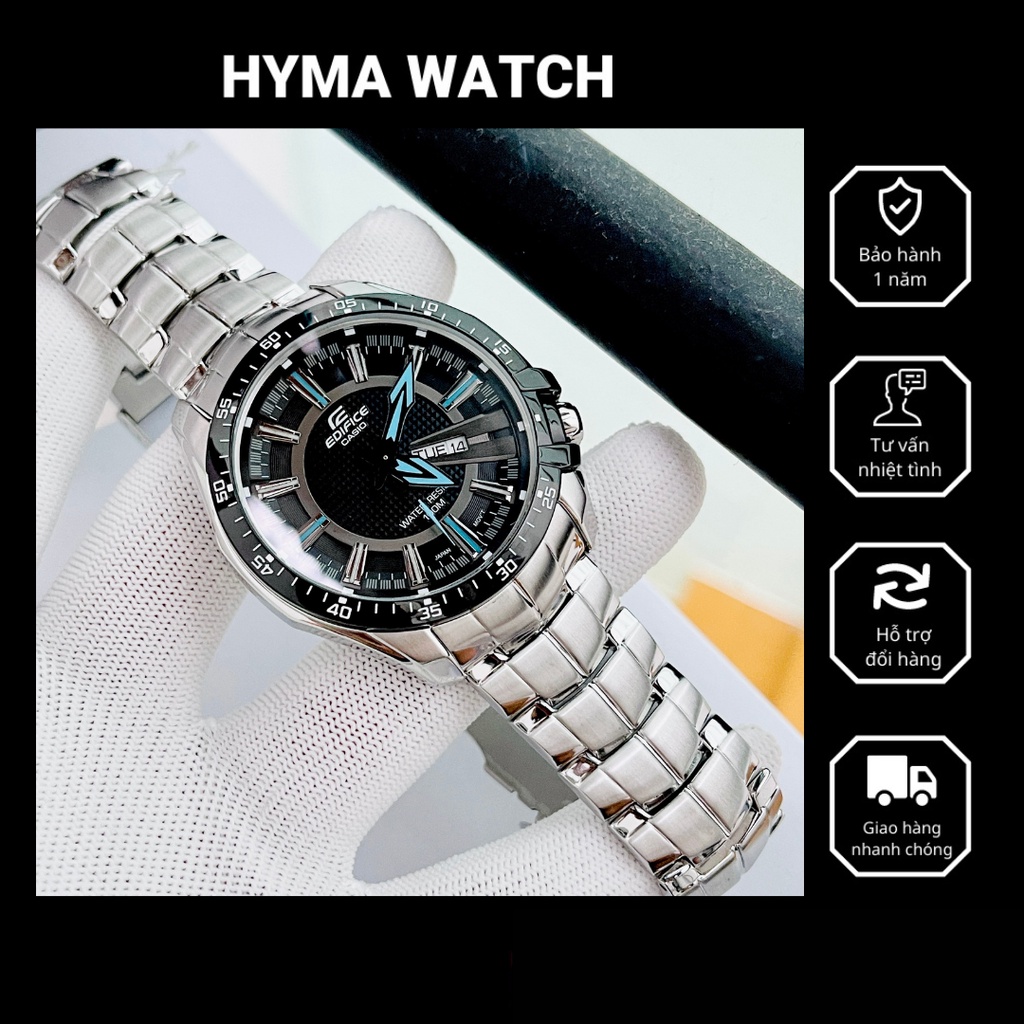 Đồng hồ nam thể thao tay to Casio Edifice EF 130D-1A2 Dây thép mặt đen chống nước 10ATM Bảo hành 1 năm Hyma watch