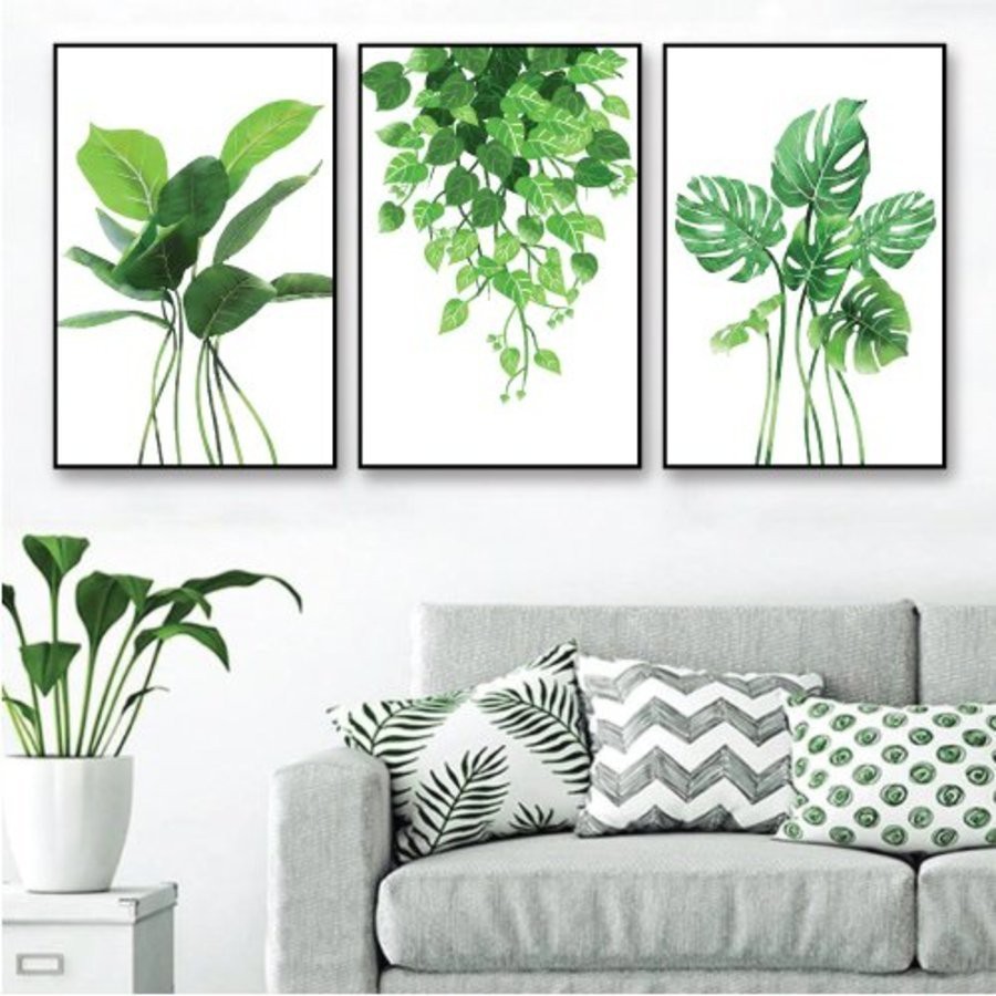 SET 3 Tranh Tráng Gương Treo Tường Lá Xanh Thiên Nhiên Treo Phòng Khách/ Phòng Làm Việc