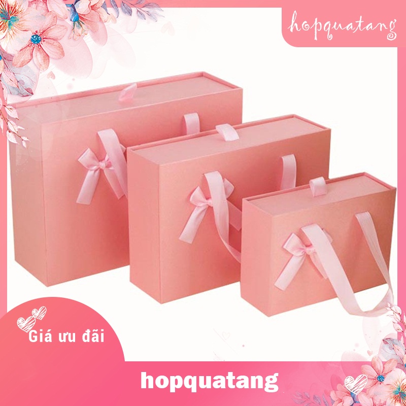 Hộp Quà Tặng Kèm Túi Màu Hồng Gắn Nơ Dạng Kéo Cao Cấp