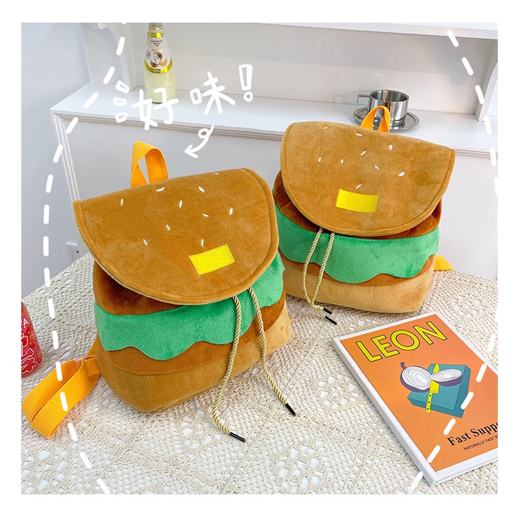 Ba Lô Đi Học Cỡ Lớn Họa Tiết Bánh Hamburger Hoạt Hình Dễ Thương Cho Nữ