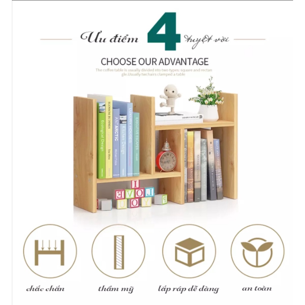 Kệ sách gỗ để bàn. Kích thước D70 x S20 x C35 cm. Gỗ MDF phủ Melamine. Đầy đủ phụ kiện lắp ráp dễ dàng