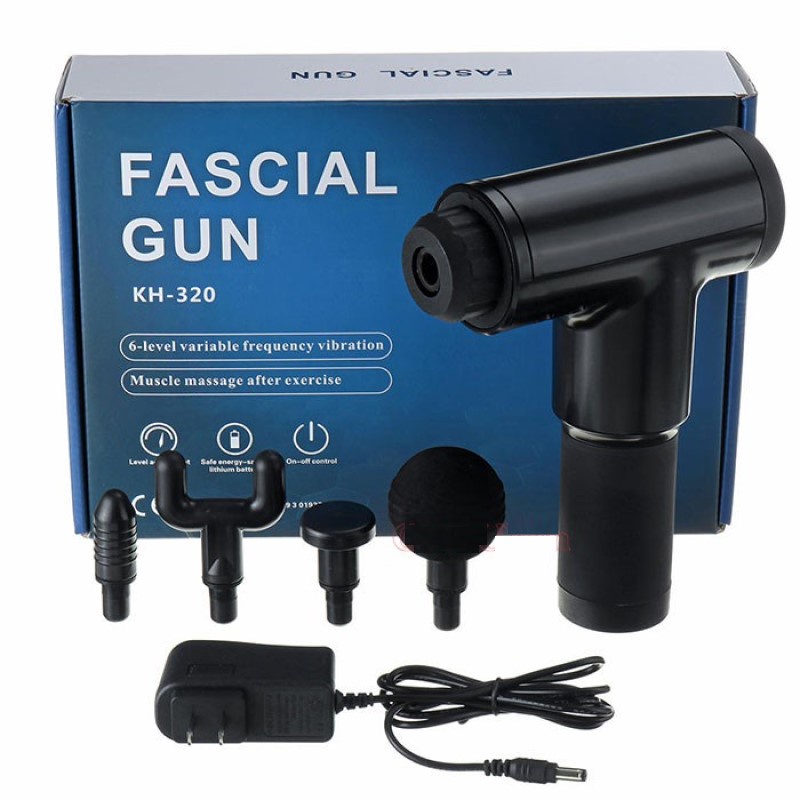Máy masage cầm tay fascial gun 4 đầu 6 chế độ - súng matxa cầm tay trị nhức mỏi vai gáy, đau giãn cơ