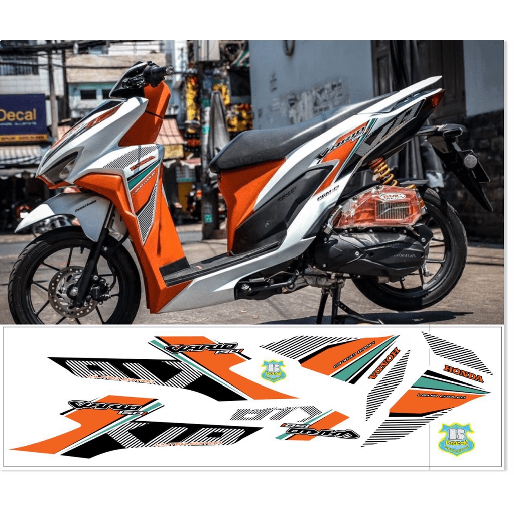 ( Quí khách vui lòng mang ra tiệm cho thợ dán ) Tem vario 150 trắng cam bình decal