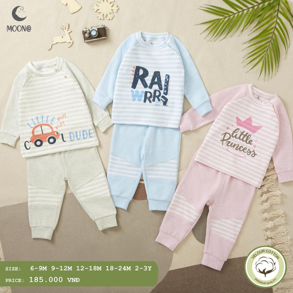 [CHÍNH HÃNG] Bộ dài tay vai cotton nhung họa tiết trẻ em Moon