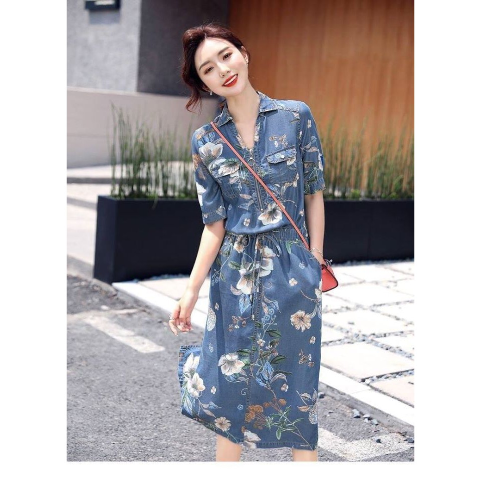 HÀNG QC - ĐẦM SUÔNG DEMIN IN HOA EO THUN CỘT DÂY - MH209