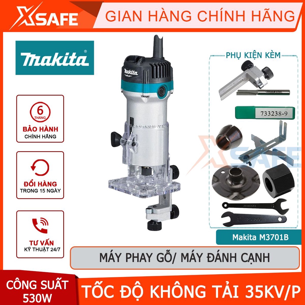 Máy phay gỗ MAKITA M3701B 530W Máy đánh cạnh mini tốc độ không tải 35000, vỏ nhôm độ bền cao, đế trong nhìn rõ viền cắt