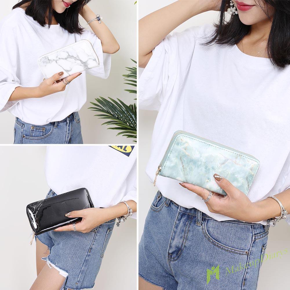 【New Arrival】Creative Casual Women Marble Patent Leather Long Clutch Zipper Coin Wallets