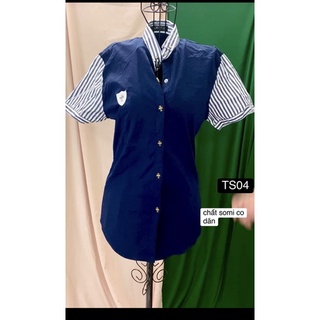 Áo somi xanh tay sọc vải có dãn.TS04