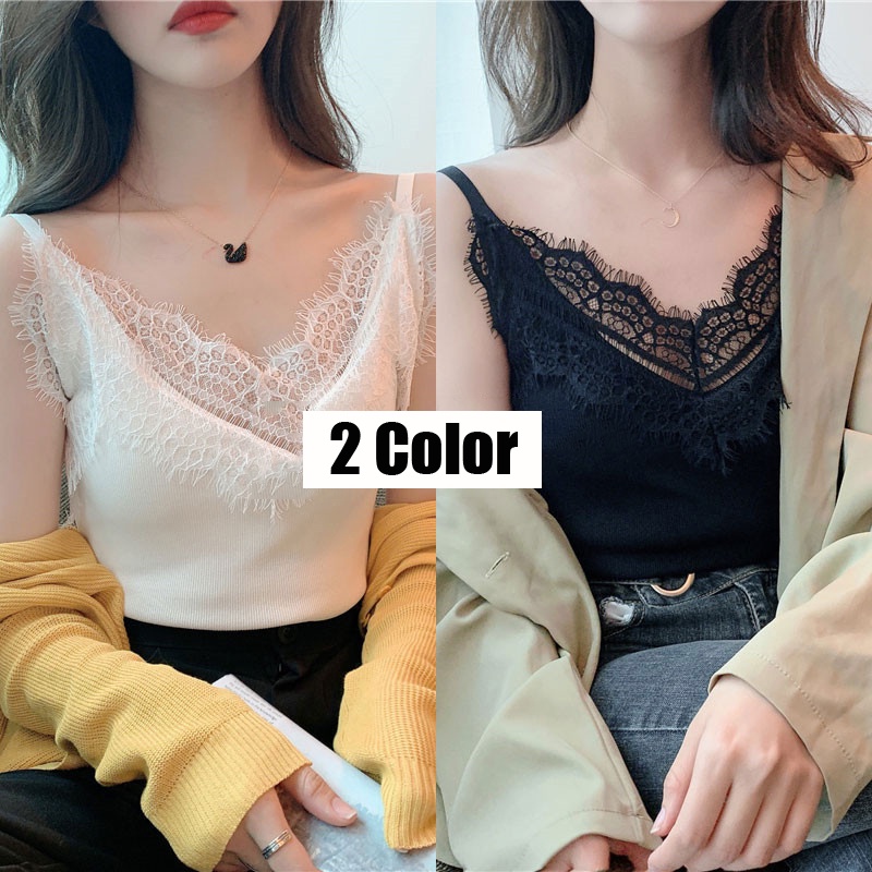 Áo Hai Dây Dệt Kim Cổ Chữ V Phối Ren Phong Cách Hàn Quốc Thời Trang Mùa Hè Tinh Tế Cho Nữ