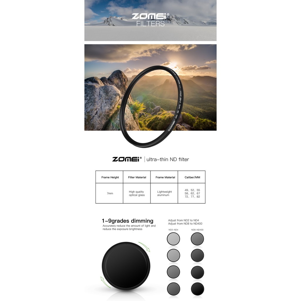 Kính lọc ánh sáng Zomei NDx Adjustable ND2-ND400 49mm-82mm cho máy ảnh dsrl và microless ND thay đổi N00253 Lens