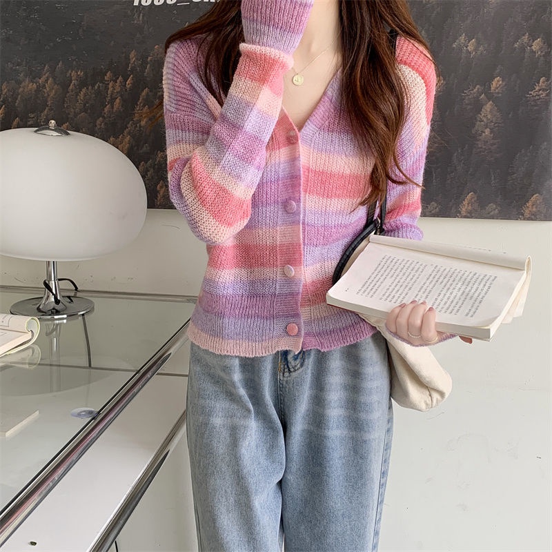Áo cardigan Tay Dài Cổ Chữ V Form Ôm Họa Tiết Kẻ Sọc Cầu Vồng Ngọt Ngào Cho Nữ