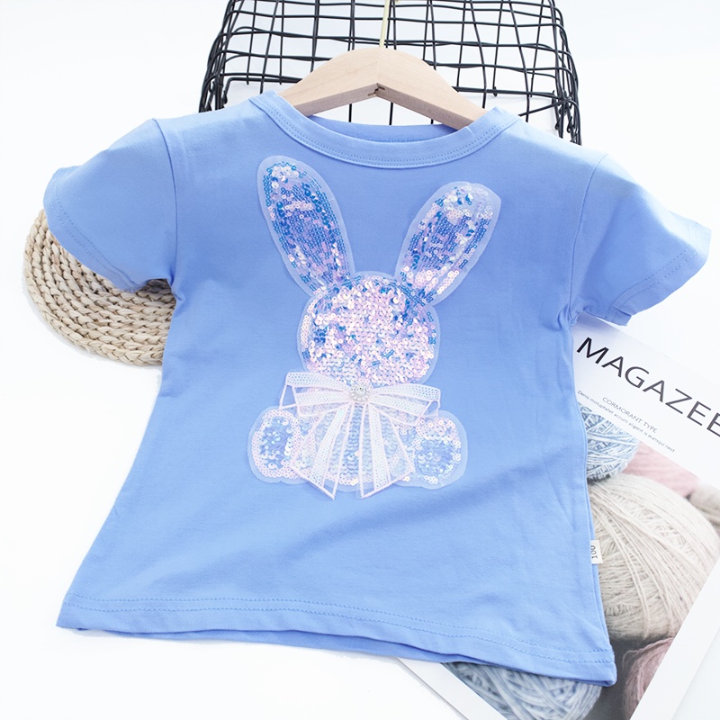 Áo Thun Tay Ngắn Chất Liệu 100% Cotton In Hoạ Tiết Thỏ Đính Kim Sa Lấp Lánh Dành Cho Bé Gái