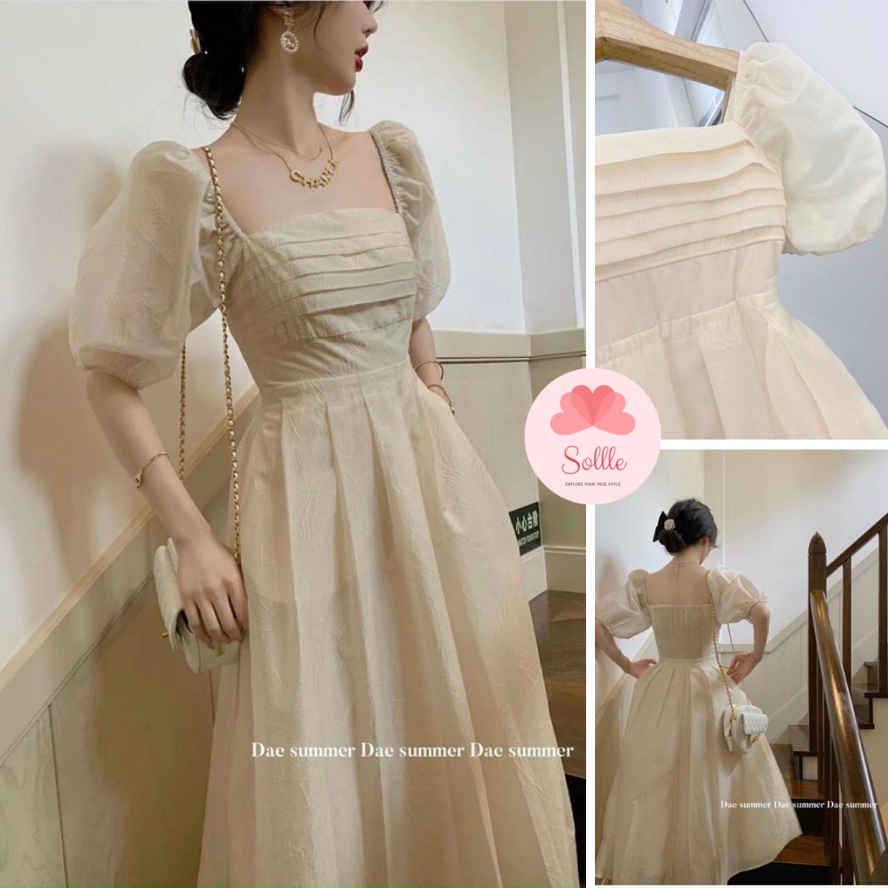Đầm váy 2 lớp dáng dài xòe voan tơ xếp li ngực tay bồng màu be nude Hàn Quốc tiểu thư Sollle