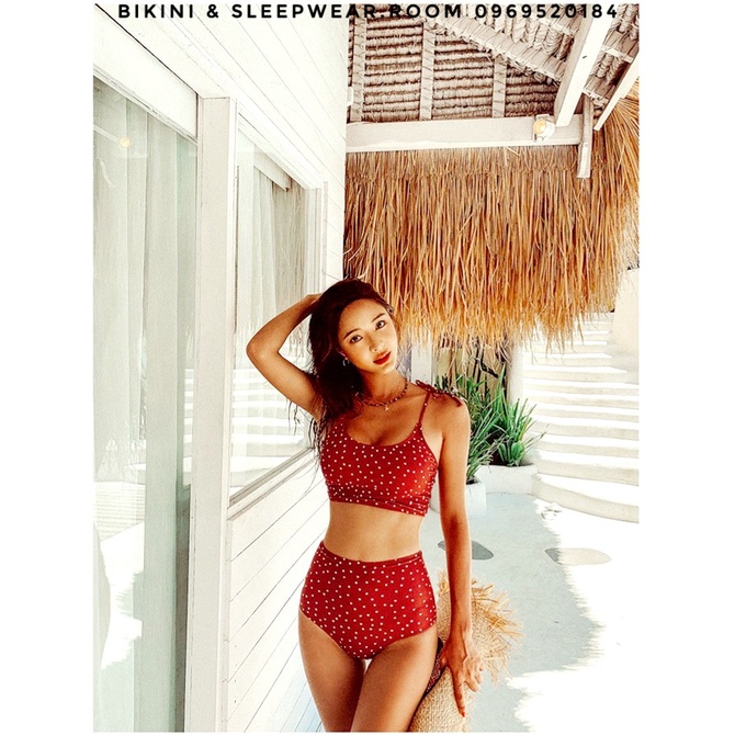 Đồ Bơi Nữ Bikini Hàn Quốc Mới Nhất 2021(Video Thật) 2 Mảnh Có Mút Lót Ngực Màu Đỏ Chấm Bi Cạp Cao Basic Swimwear | BigBuy360 - bigbuy360.vn