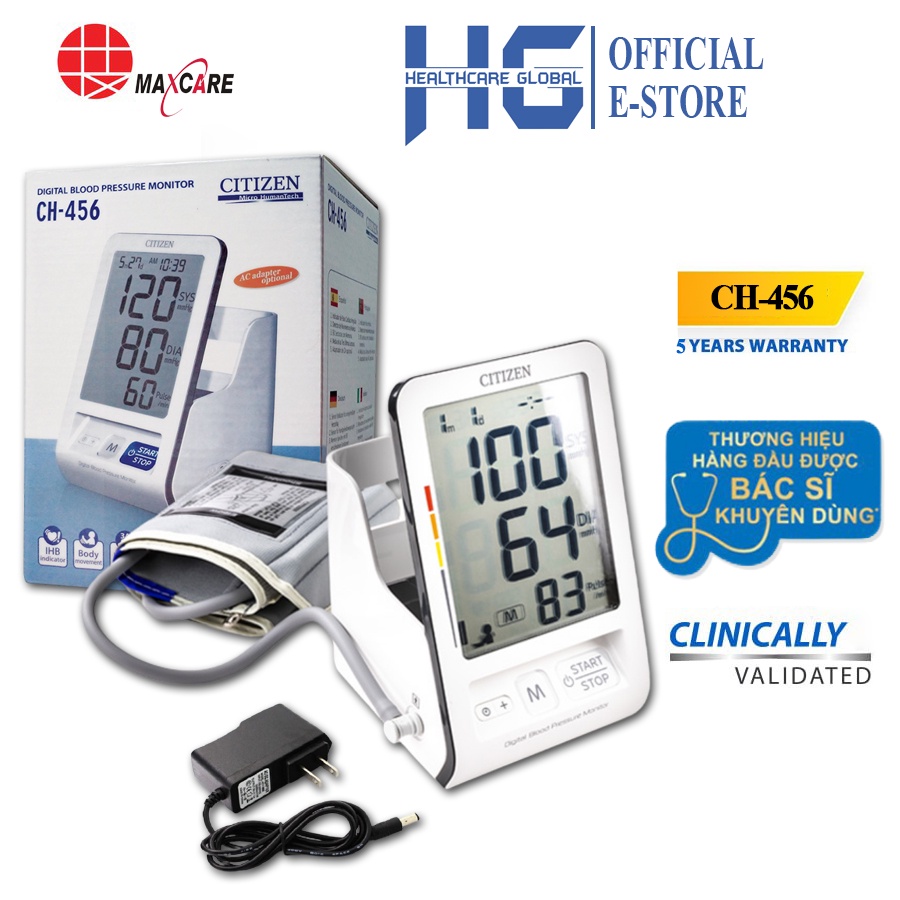 Máy đo huyết áp bắp tay cao cấp Citizen CH-456 | Phát âm thanh cảnh báo nhịp tim bất thường - Bảo hành 5 năm
