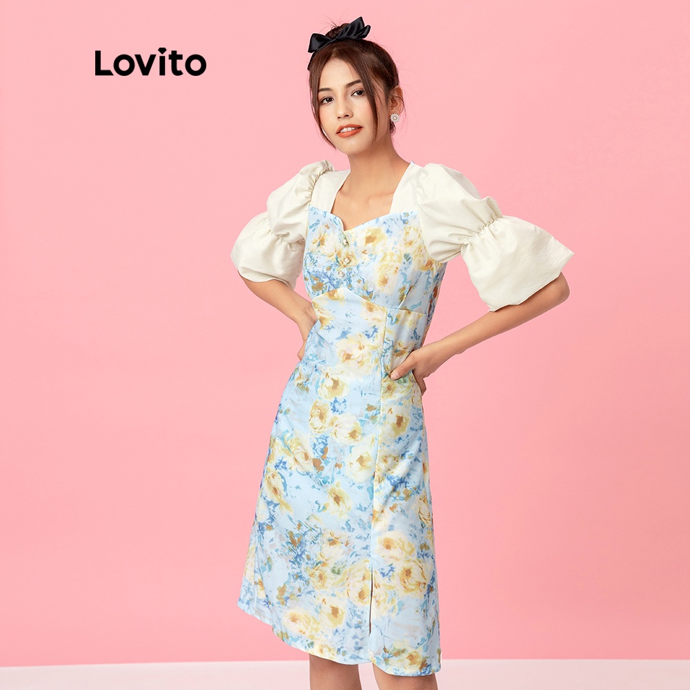 Đầm Lovito Tay Phồng Họa Tiết Hoa Xinh Xắn L05021 (Màu Xanh Dương)