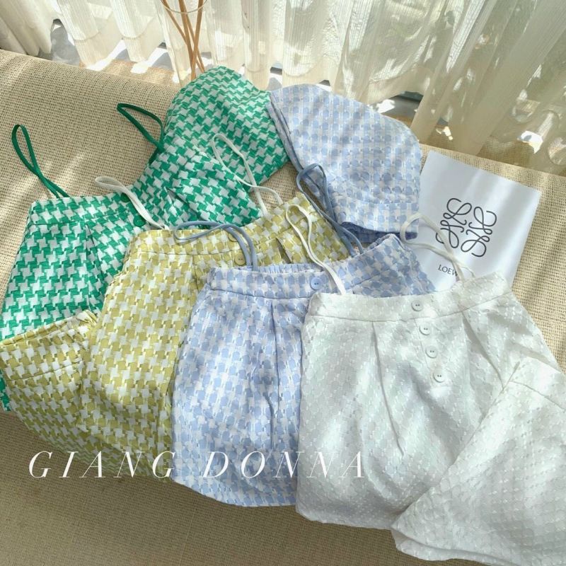 Set Kẻ Ô ZicZac Áo Hai Dây Babydoll Gài Nút Ngực Và Quần Đùi - Rộng Thoải Mái - Tiểu Thư Bánh Bèo Cute