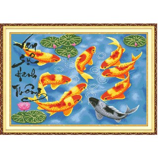 Tranh thêu chữ thập Vạn sự hanh thông - Cửu ngư quần hội < ISD007 > chưa thêu