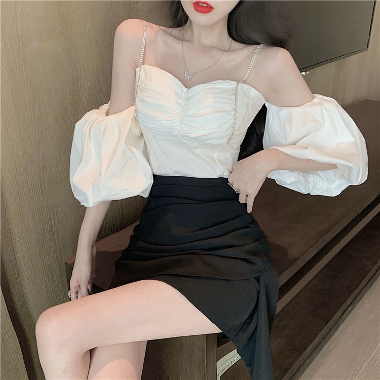 Bộ Áo Trễ Vai Tay Phồng + Chân Váy Chữ A Lệch Tà Thời Trang 2022