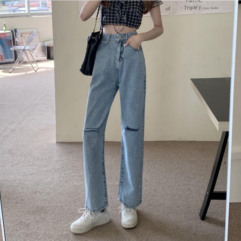 Quần jean ống rộng cạp cao ulzzang, quần bò nữ dáng suông TREND JEANS