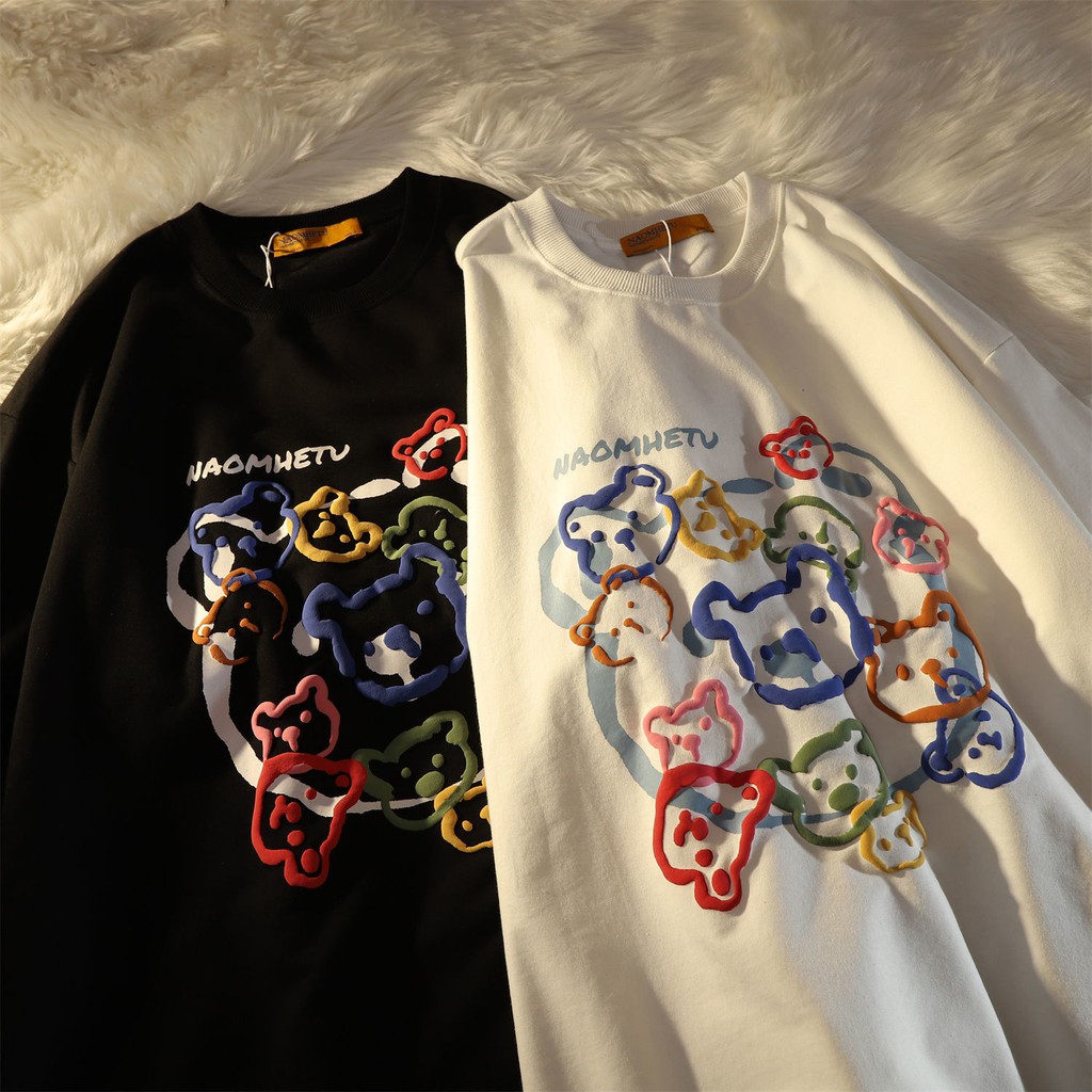 Áo Thun Tay Dài Cổ Tròn In Hình Gấu Xốp Phong Cách Retro Nhật Bản Cho Nam Và Nữ | BigBuy360 - bigbuy360.vn