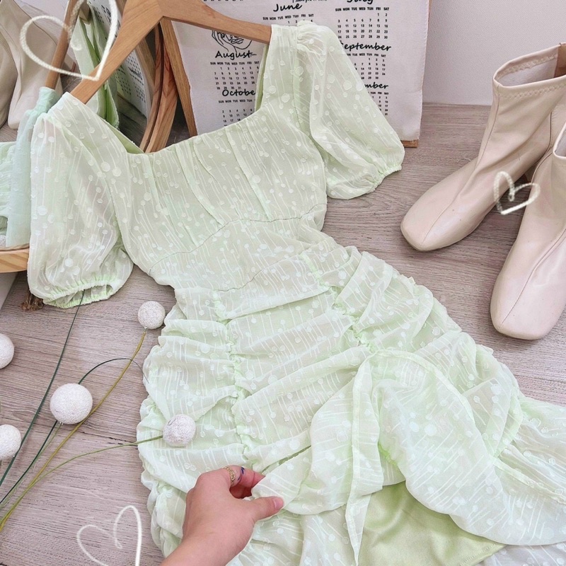 ❤️Đầm xanh nhún thân kèm hình thật