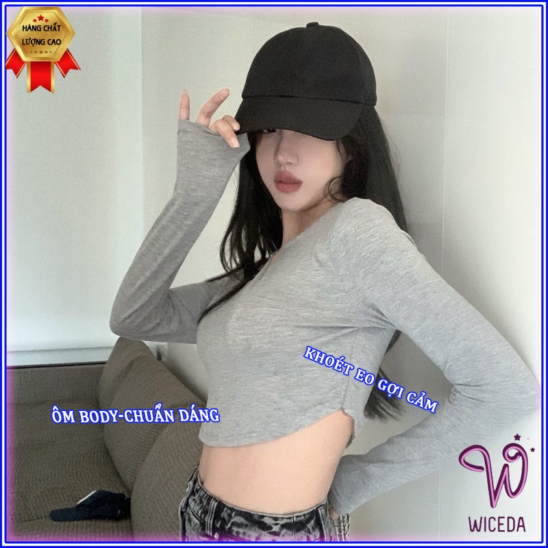 Áo croptop dài tay khoét eo ôm body xinh , áo thun kiểu đẹp chất thun gân cotton 100% 4 màu đen trắng hồng ghi Wiceda.