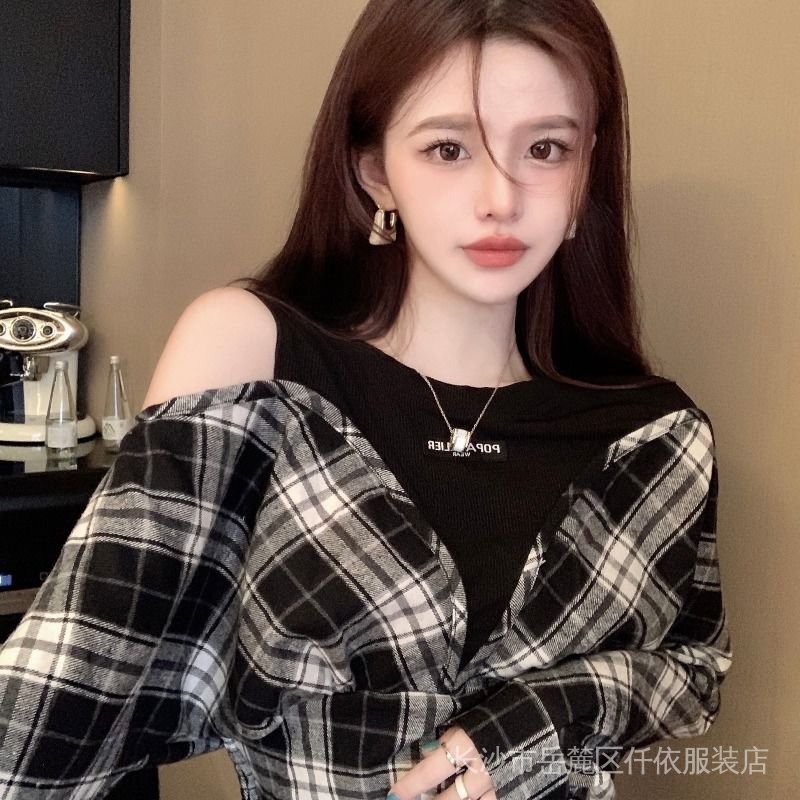 Áo Sơ Mi Tay Dài Cổ Tròn Giả Hai Lớp Họa Tiết Caro Thời Trang Mùa Xuân Cho Nữ