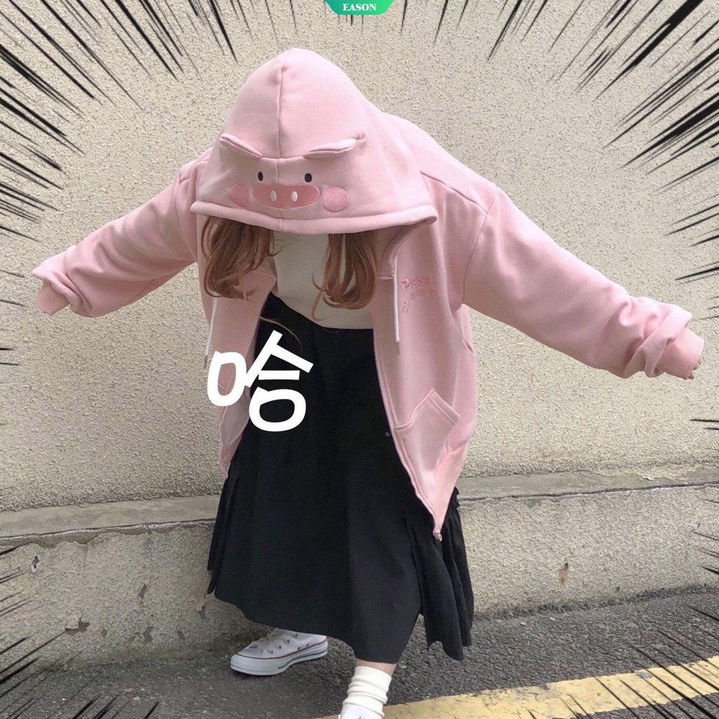 Áo Hoodie Dáng Rộng Thêu Hình Chú Heo Dễ Thương Thời Trang Thu Đông Cho Nữ