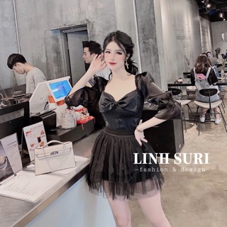 Áo lụa phối nơ + chân váy lưới tầng