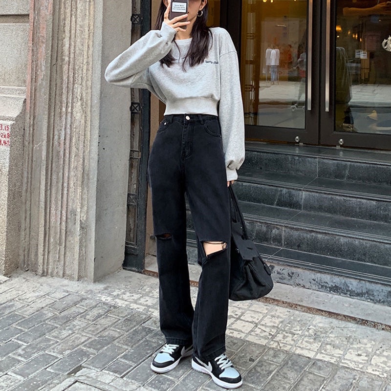 Quần jeans nữ ống suông rộng màu đen màu trắng rách ống cá tính phong cách Ulzzang đủ size thời trang | BigBuy360 - bigbuy360.vn