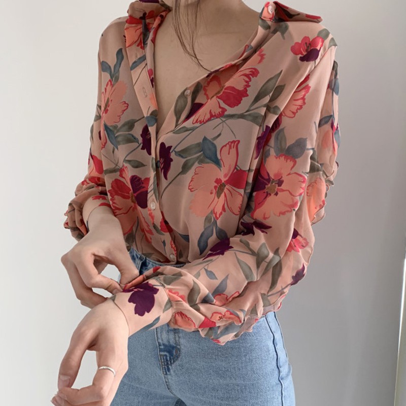 Áo Kiểu Vải Áo Sơ Mi Chiffon Tay Dài Cổ Chữ V Họa Tiết Hoa Phong Cách Hong Kong Dành Cho Nữ
