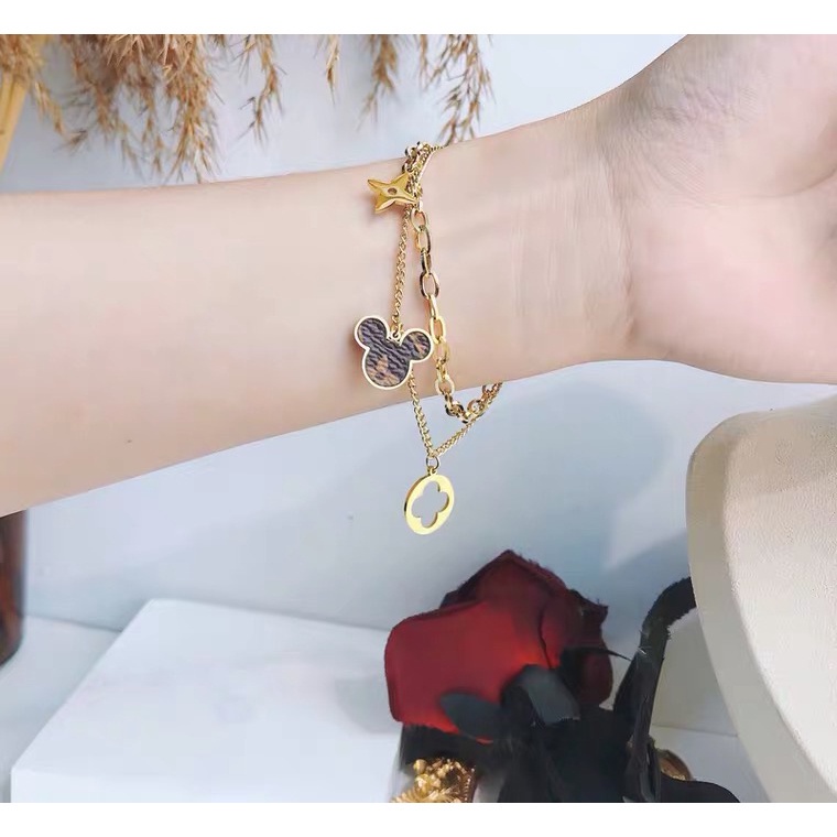 Vòng tay bằng thép titan cỏ ba lá chuột Mickey | Trang sức vòng tay nhiều lớp bằng thép không gỉ vàng 18K phong cách Mỹ Châu Âu
