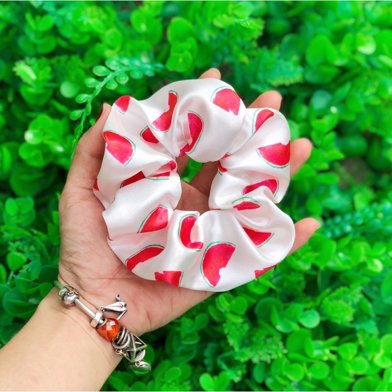 Buộc tóc SCRUNCHIES vải phi bóng hoạ tiết trái cây bơ đào dâu dưa hấu cherry siêu hot