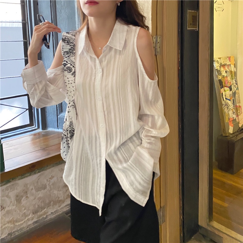 SUXI Áo Kiểu Tay Dài Trễ Vai Phối Nút Phong Cách Hàn Quốc Cho Nữ