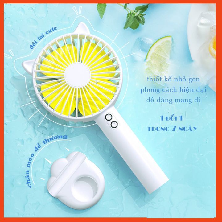 uạt Tích Điện Mini Cầm Tay Tai Mèo Có Đế Để Bàn - Có Đèn Chiếu Sáng - 3 Cấp Độ Gió - Tặng Kèm Sạc &amp; Pin 1200mAh JP2