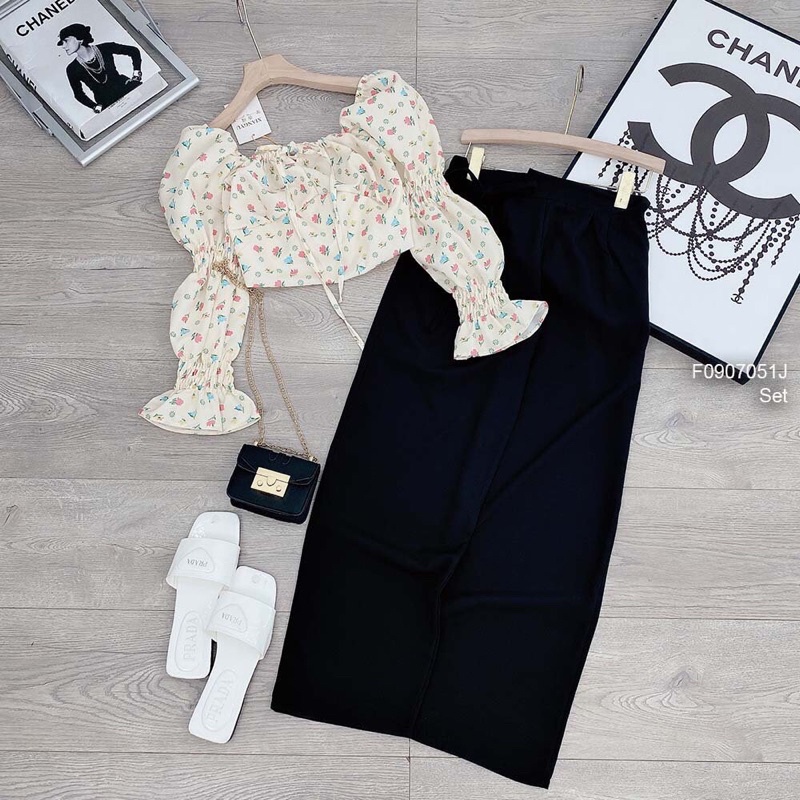 Set áo croptop hoa cột dây tay bo chun kiểu kèm quần TT0907