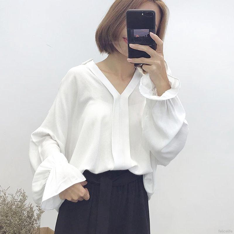 Áo dài tay màu trơn cổ sâu chữ V chất liệu chiffon thời trang nữ