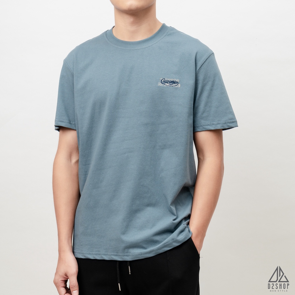 Áo thun D2shop, áo thun cổ tròn đắp vải lưng CALIFORNIA, đắp vải , màu xanh