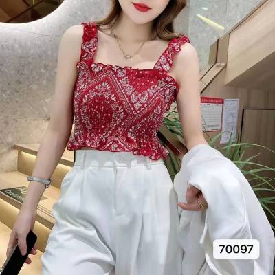 DUNEA Áo Croptop Hai Dây Nhún Bèo Quyến Rũ Thời Trang Cho Nữ