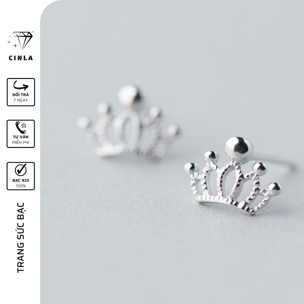 Bông tai khuyên tai nữ mạ bạc 925 hình vương miện sang trọng trang sức bạc CINLA KT017